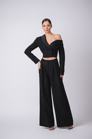 Drop-shoulder tweed jacket with matching wide leg pants