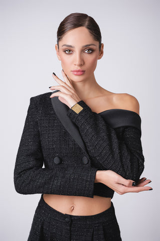 Drop-shoulder tweed jacket with matching wide leg pants