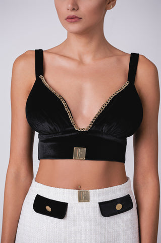Velour Deep Plunge Crop Top With Gold Chain Detail