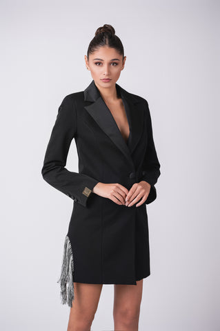 Blazer dress with a satin collar and fringe detail.