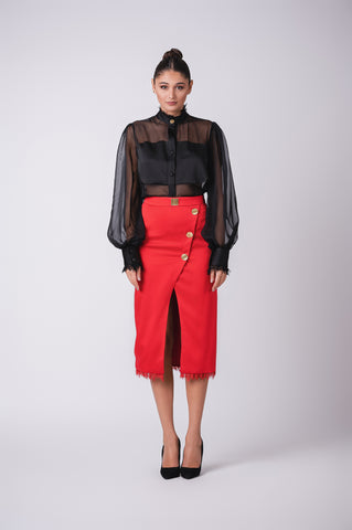 High Neck, Sheer Button Up Blouse With Parachute Sleeves with Satin