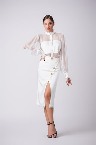 High Neck, Sheer Button Up Blouse With Parachute Sleeves with Satin