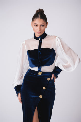 High Neck, Sheer Button Up Blouse With Parachute Sleeves And Velour
